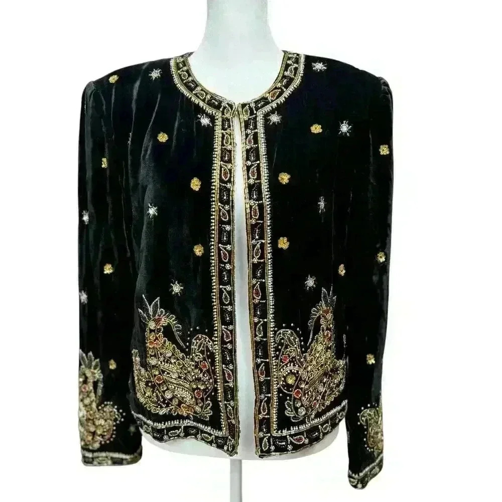 LESLIE FAY Black Velvet Evening Jacket with exquisite Beading and jewels Size S
